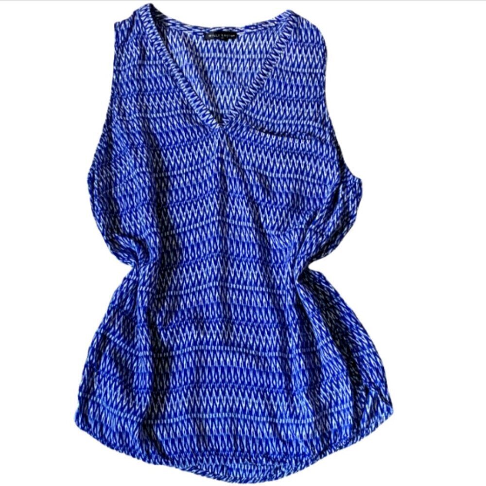 Willi‎ Smith Sleeveless V-Neck Top Blue Geometric Print Sz L 25A